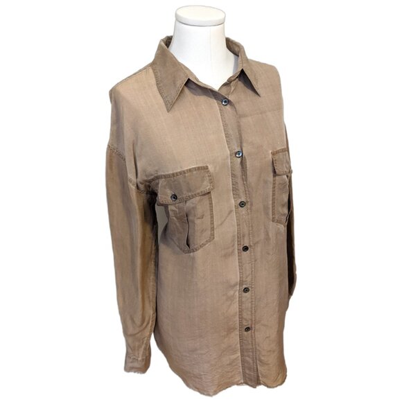 Vintage 80s Bloor & Yonge Pure Silk Blouse Long Sleeve Beige Utility Western L - Picture 2 of 9